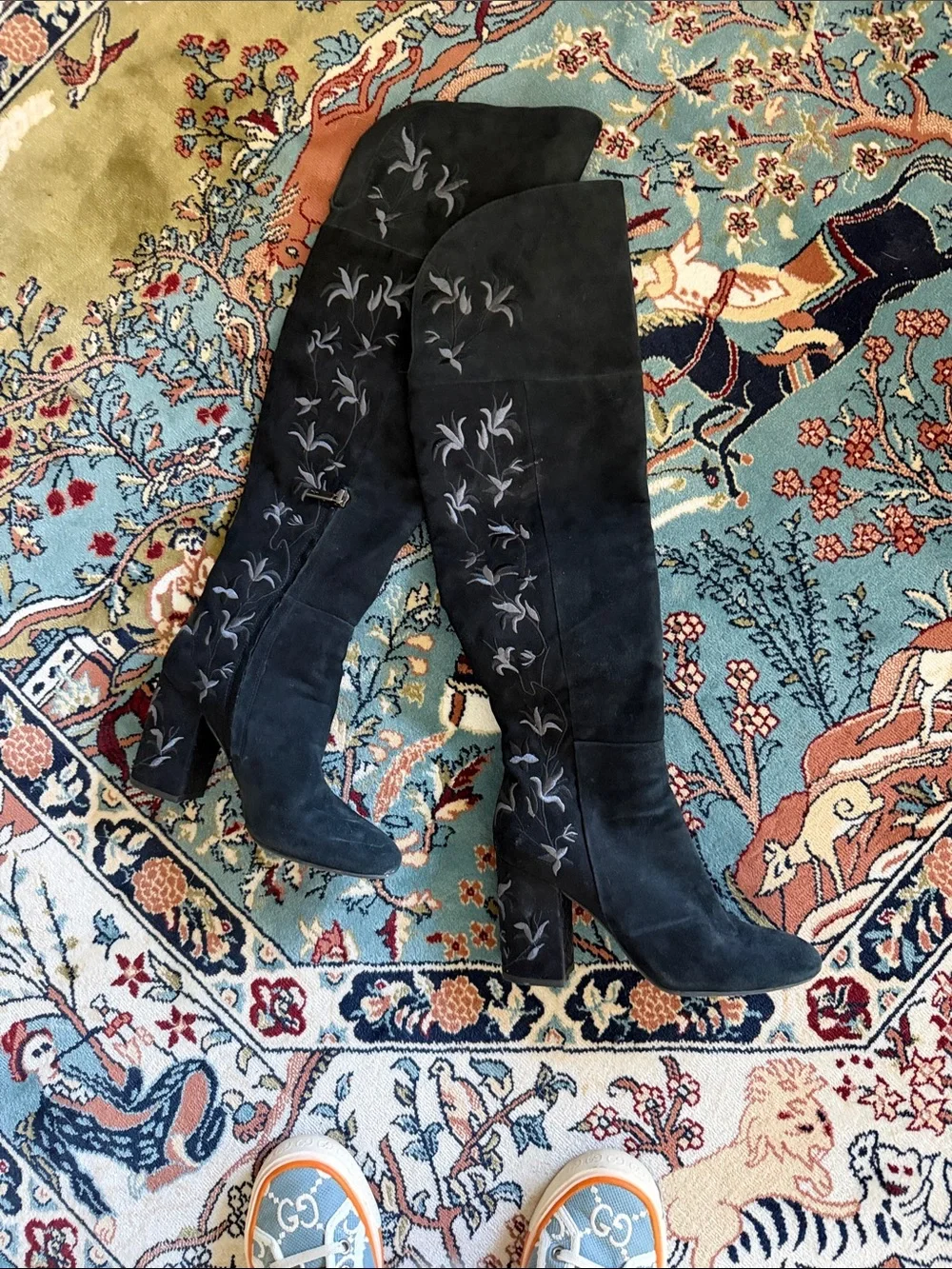 Black Over-the-Knee Embroidered Suede Boots - Women